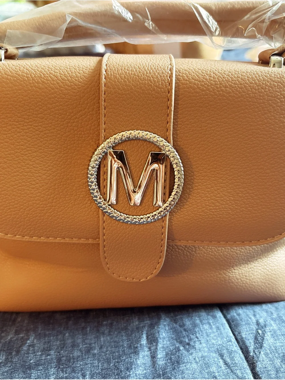 ✨ Tan “M” Emblem Top Handle Crossbody Handbag